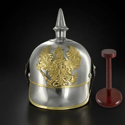 Black German Pickelhaube Helmet with Wooden Stand view 1
