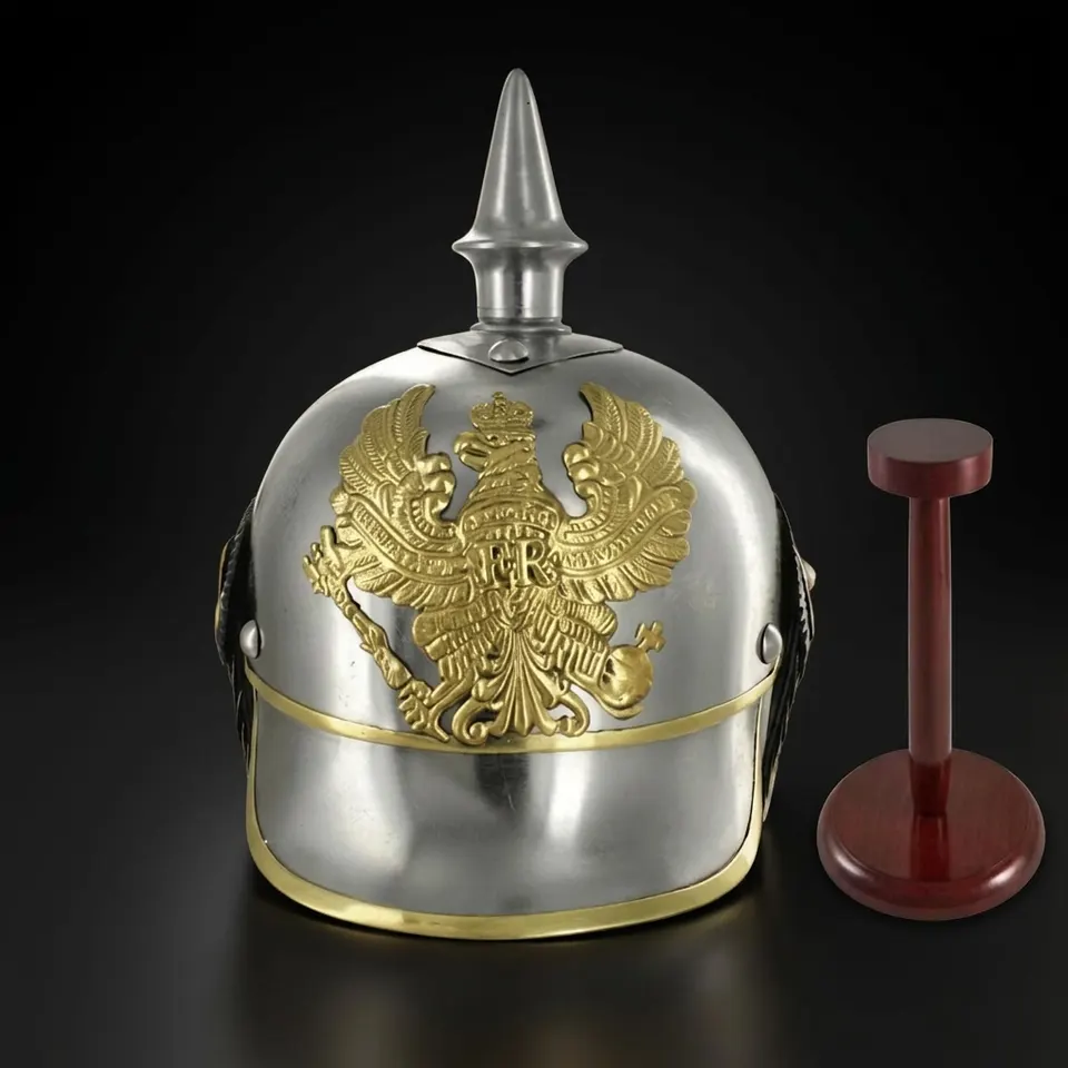 Black German Pickelhaube Helmet with Wooden Stand