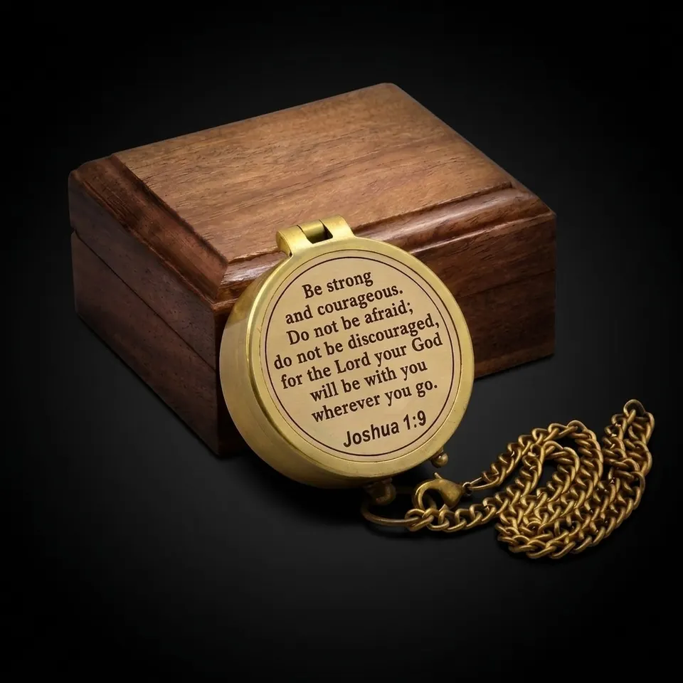 Joshua 1:9 Compass, Wooden Box