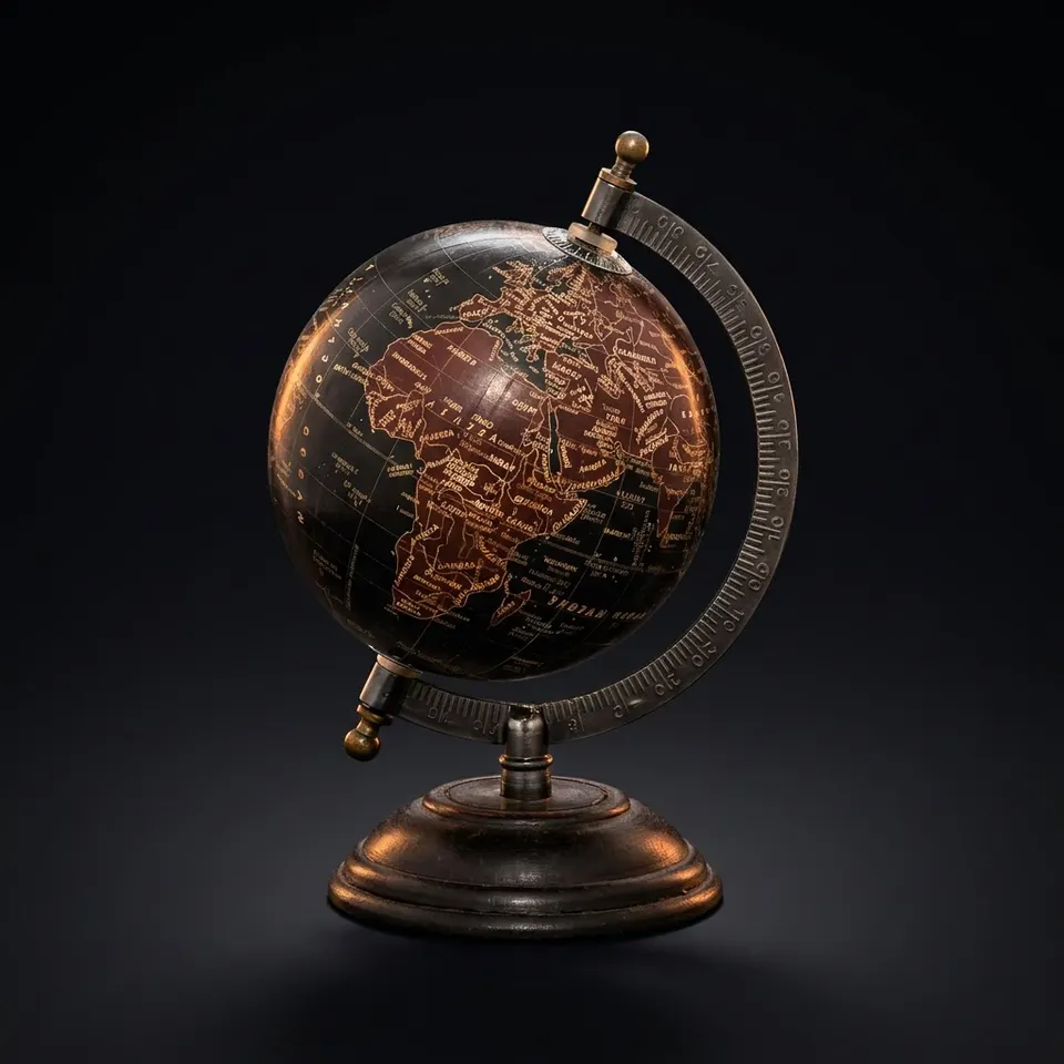 Vintage Desk Globe with Black and Dark Brown Map on All-Black Metal Base