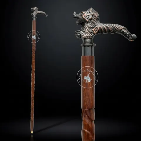 Aluminium Lion's Roar Handle Carved Wood Walking Stick view 1