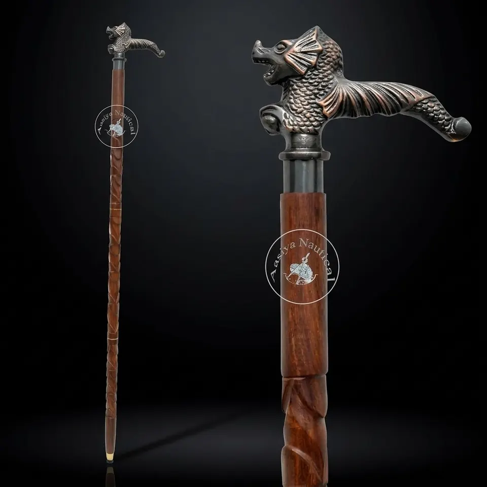 Aluminium Lion's Roar Handle Carved Wood Walking Stick