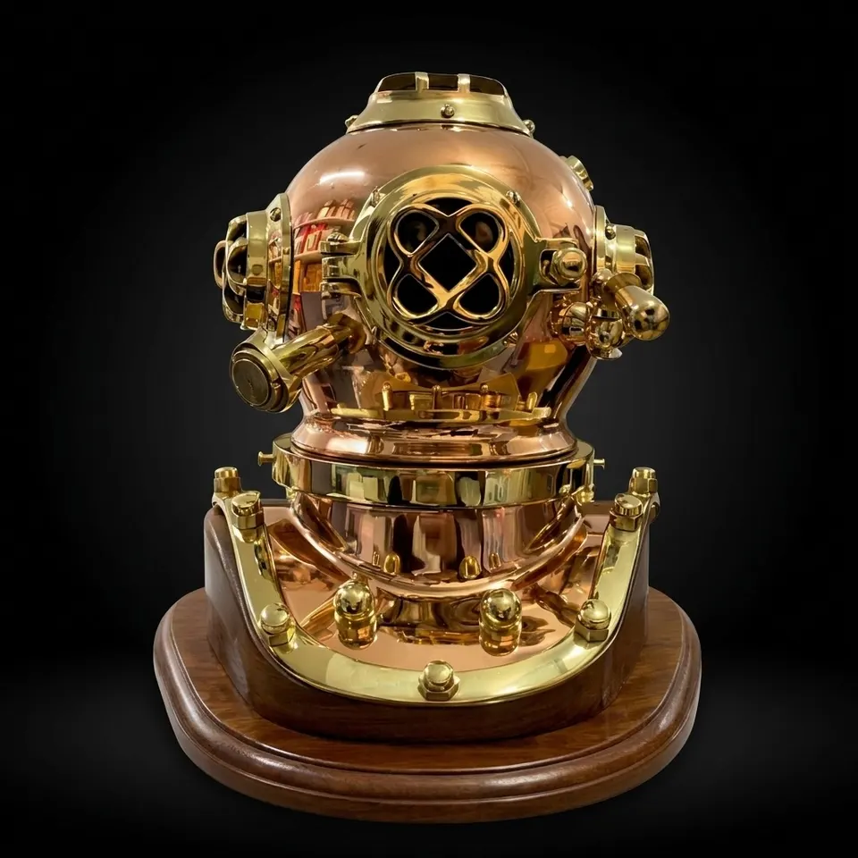 Brass and Copper Diving Helmet with Rosewood Base