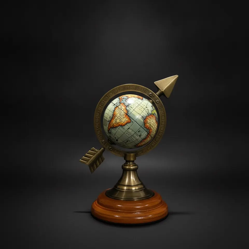 Brass Armillary Sphere with Arrow on Rosewood Base