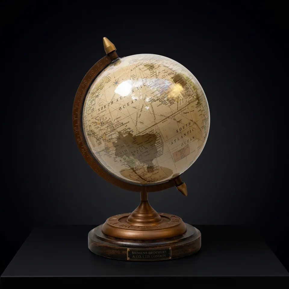 Vintage Desk Globe with Copper-Plated Brass Ring and Rosewood Base