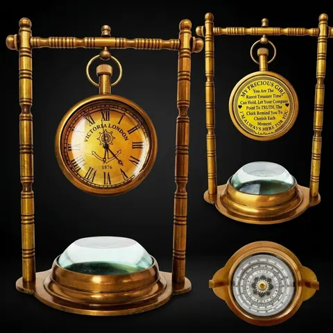 Brass Desk Clock with Working Compass view 1