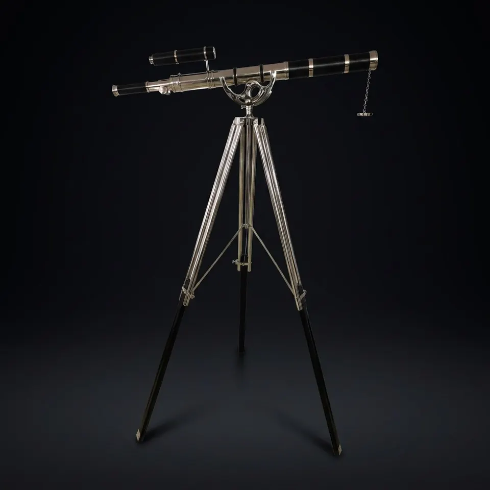 Double Barrel Chrome Finish Brass & Chrome Floor Standing Telescope 65" with Black Wooden Tripod