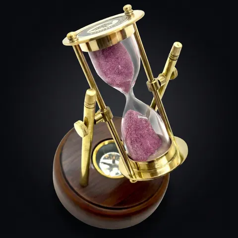 Rotating Brass Hourglass with Wooden Base and Compass, 2-Minute, Pink Sand view 1