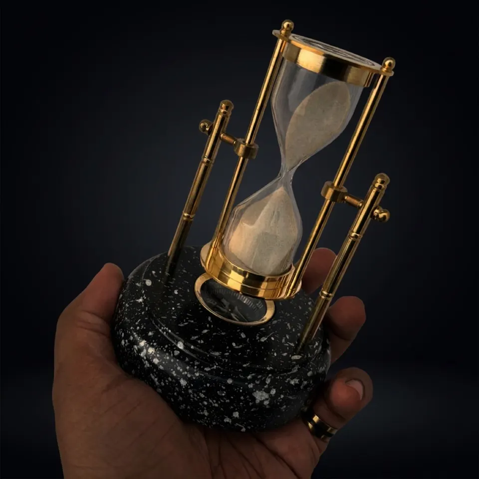 Rotating Brass Hourglass with Marble Base and Compass, 3-Minute