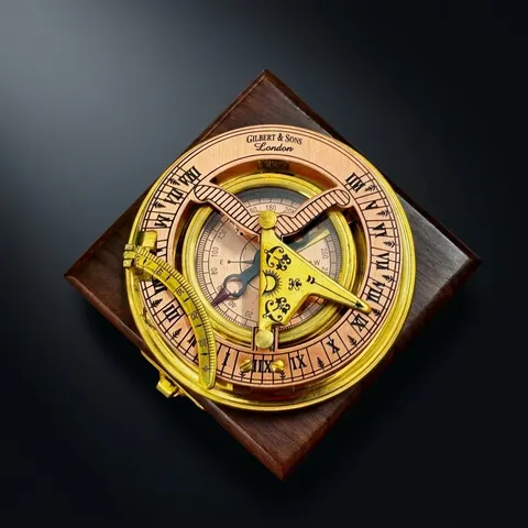 Polished Brass Sundial Compass with Leather Presentation Box view 1