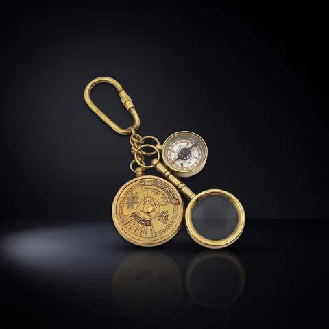 Brass Calendar, Magnifier and Compass Keychain Set view 1