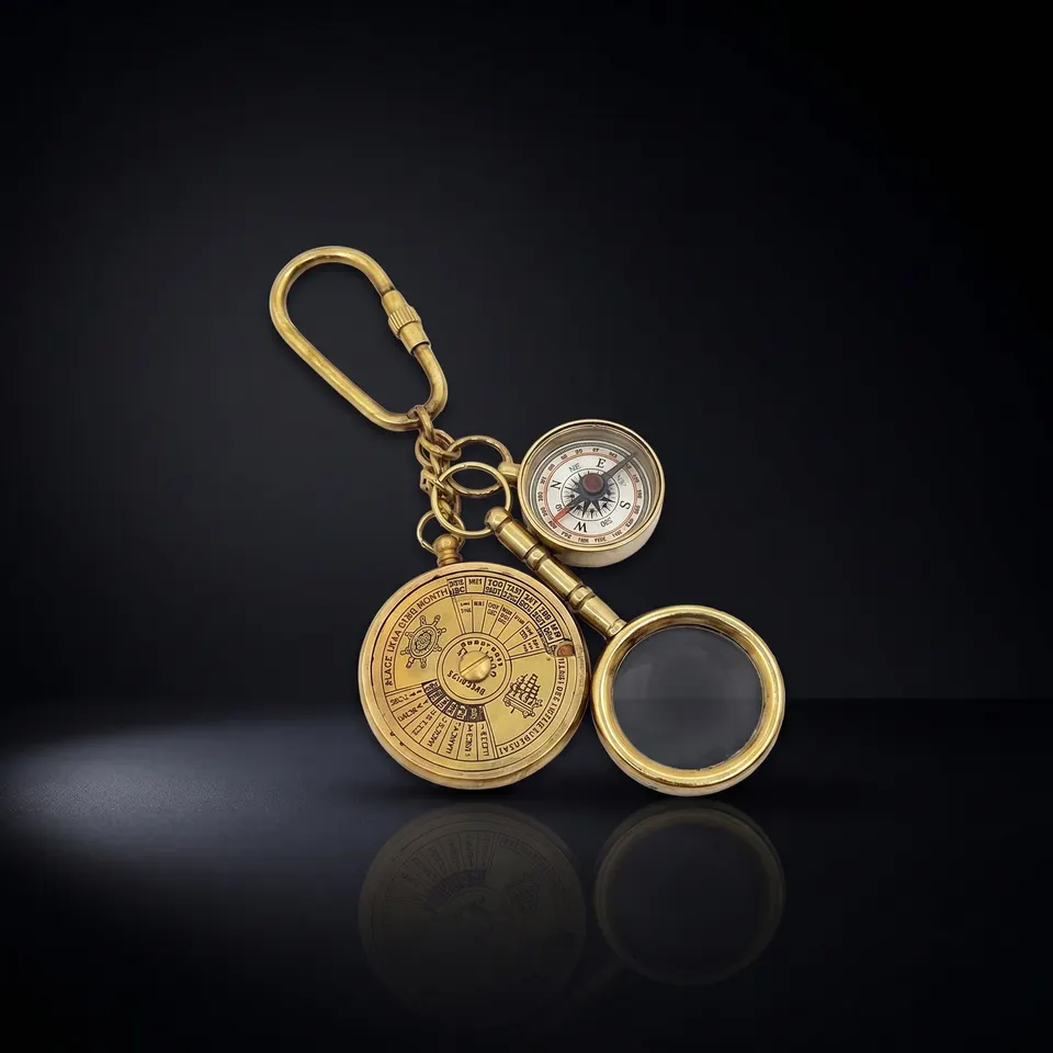 Brass Calendar, Magnifier and Compass Keychain Set