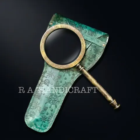 Solid Brass Handheld Magnifier 3" with Engraved Floral Green Leather Case view 1