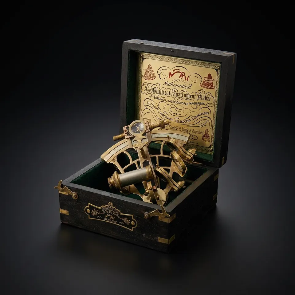 Antique Brass Sextant with Black Wooden Box