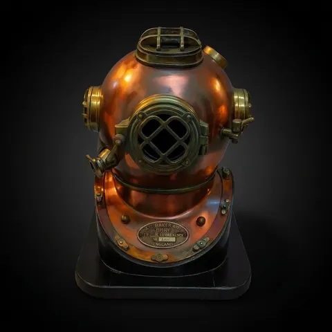 Mark V Deep Sea Diving Helmet with Black Wooden Stand view 1