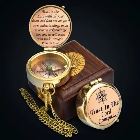 Proverbs 3:5-6 Compass, Wooden Box view 1