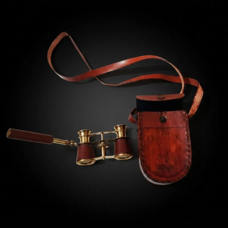 Leather-Wrapped Brass Opera Glasses with Red Leather Case