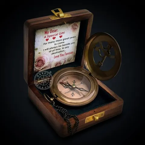 Antique Brass Sundial Compass with Fitted Wooden Presentation Box view 1