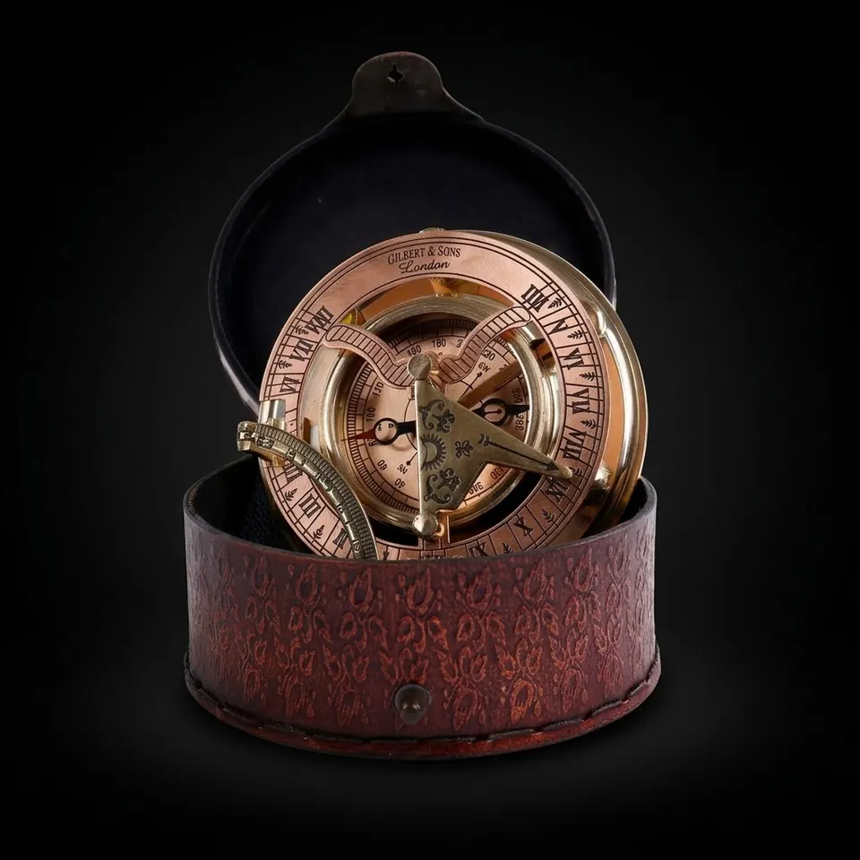 Polished Brass Sundial Compass with Red Leather Case
