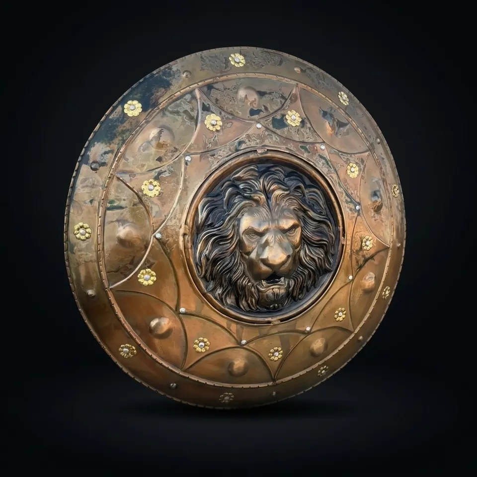 Medieval Viking Damage Lion Face Shield with Battle Warrior
