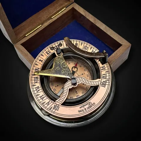 Antique Brass Sundial Compass with Fitted Wooden Presentation Box view 1