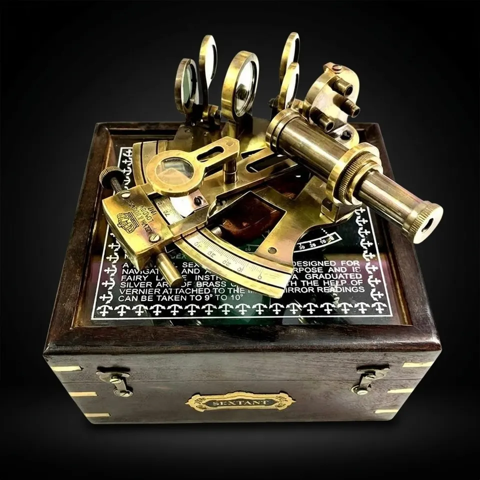 Antique Brass Sextant with Black Wooden Box