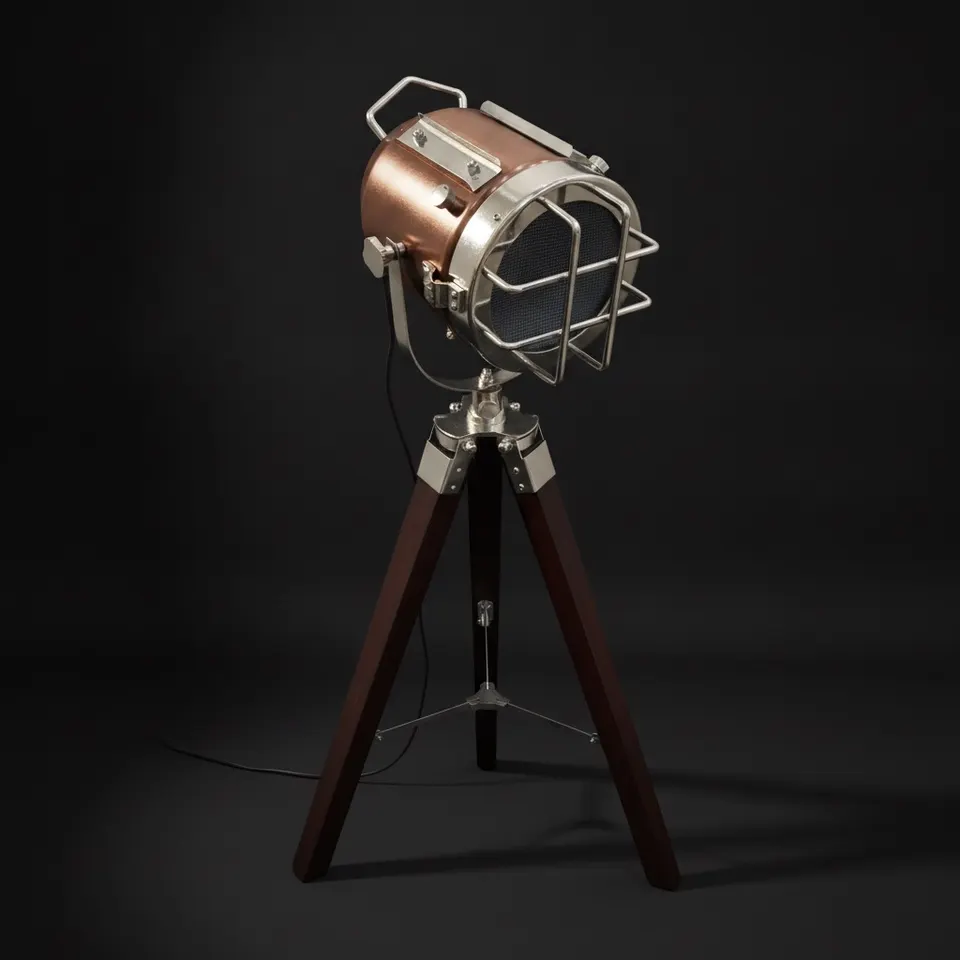 Copper Spotlight on Black Wooden Tripod