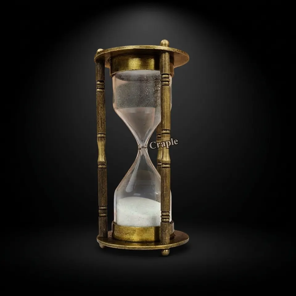 Antique Brass Hourglass with Wood Base, 3-Minute, White Sand