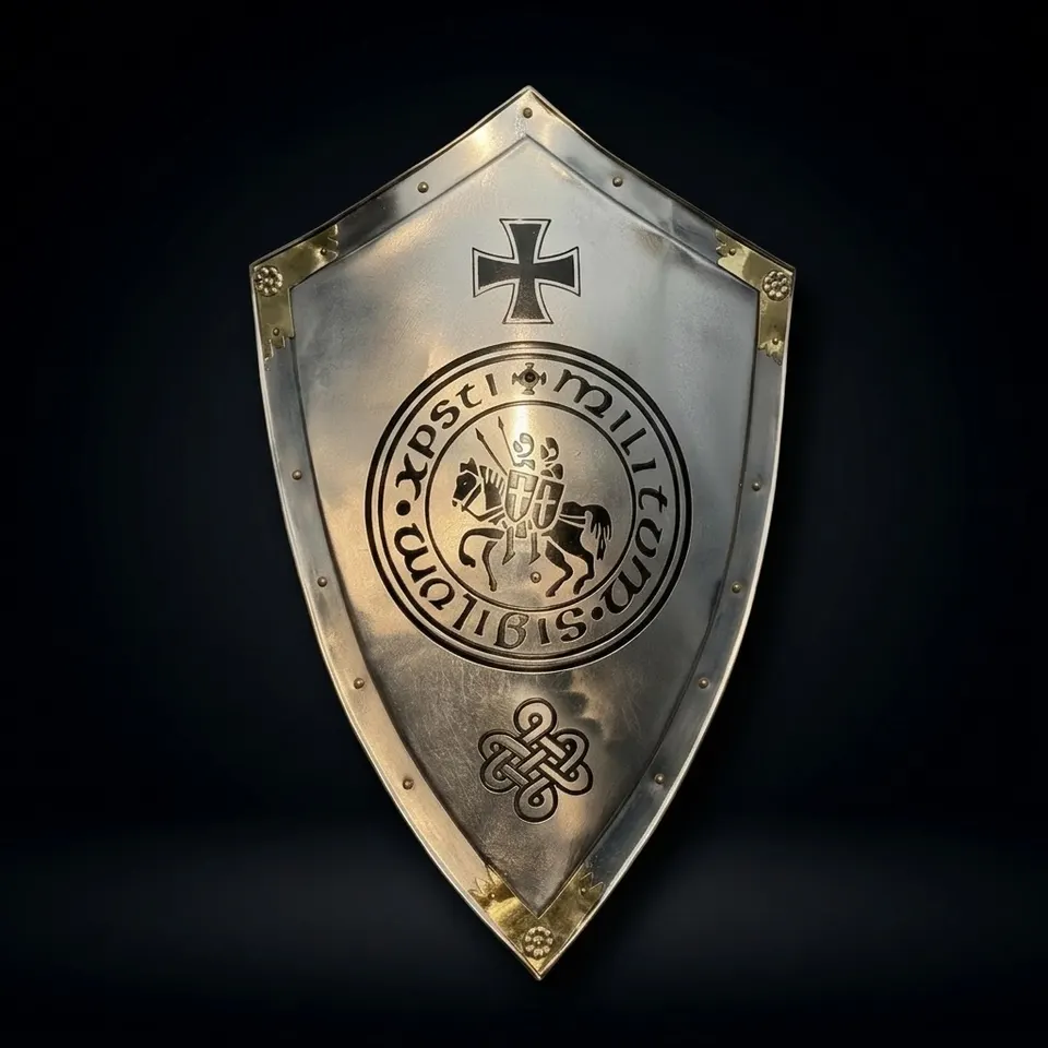 Templar Knight Heater Shield with Medieval Crusader LARP Display