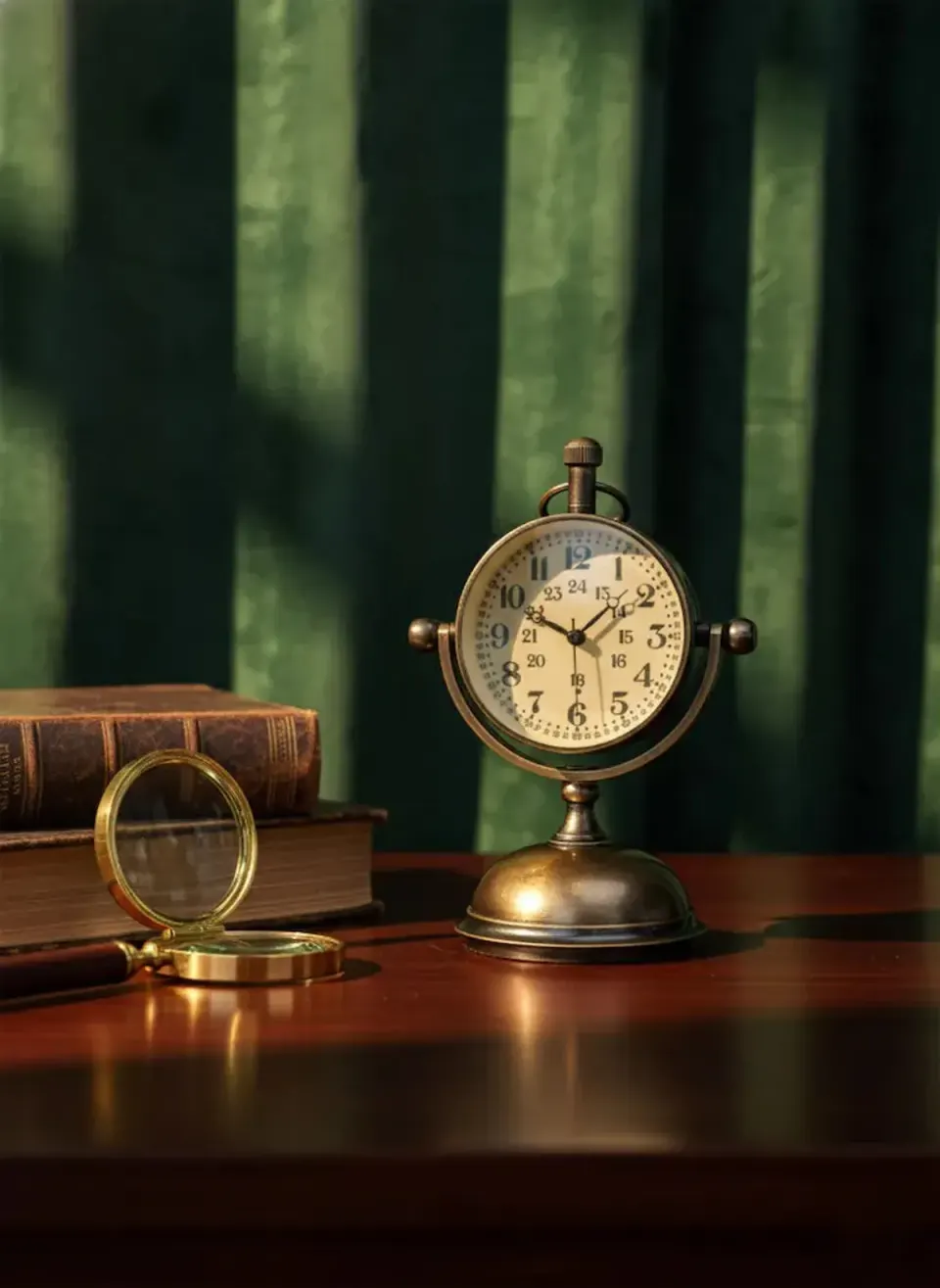 Spherical Brass Desk Clock with Compass Dial Back