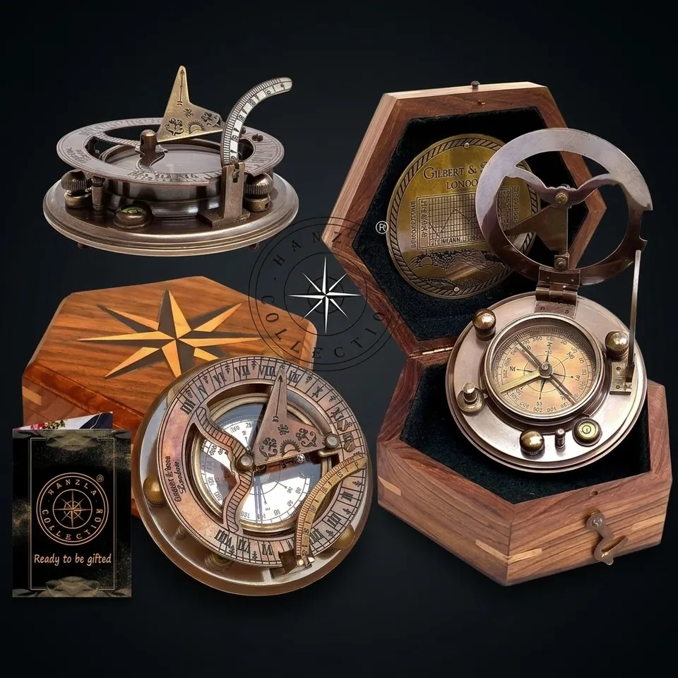 Black Antique Brass Sundial Compass with Hexagonal Wooden Presentation Box