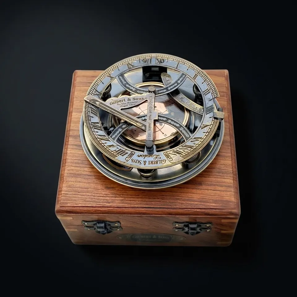 Black Antique Brass Sundial Compass with Rosewood Presentation Box