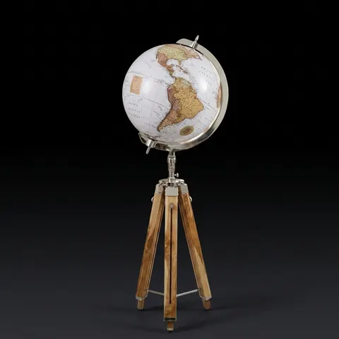 Large White Globe with Chrome Nickel Ring on Adjustable Light Brown Wooden Tripod Stand view 1