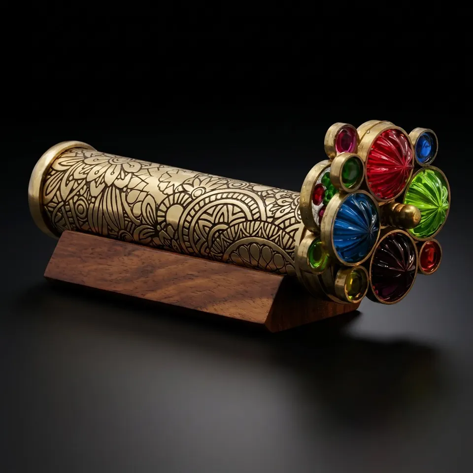 Etched Floral Brass Kaleidoscope with Dual Turning Wheels