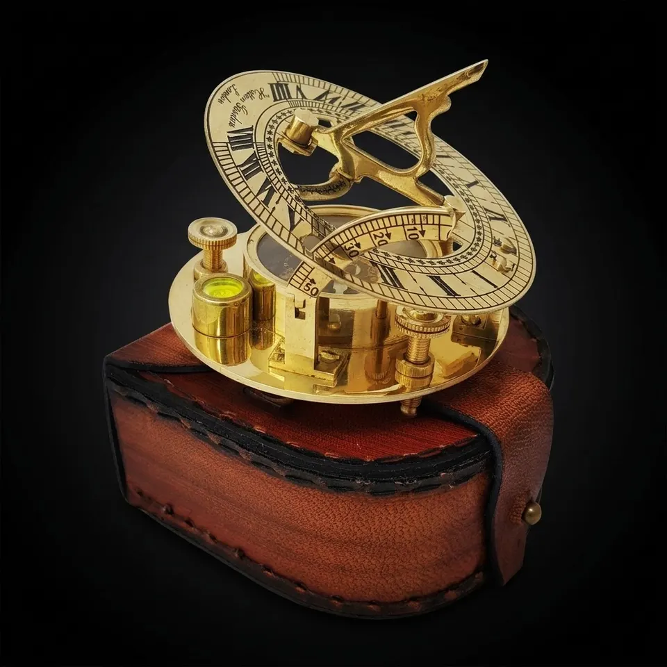 Antique Brass Sundial Compass with Leather Case