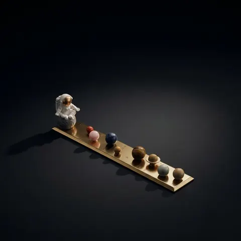 Solar System Stones Desk Model with Astronaut, All Planets Crafted from Semi-Precious Stones and Solid Brass Base and Stands view 1