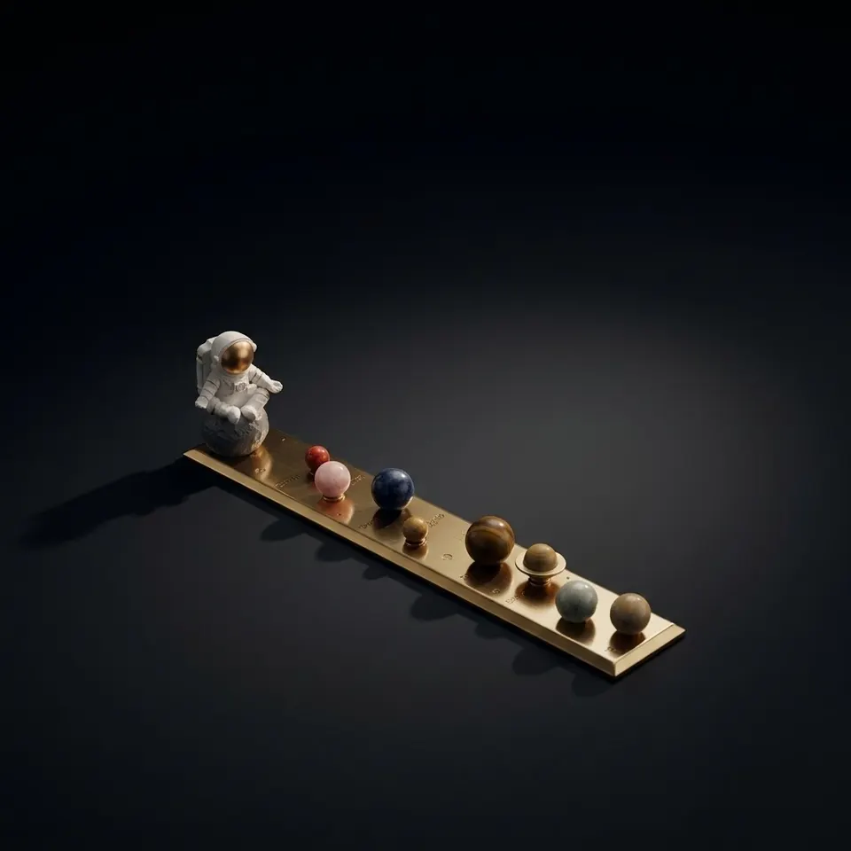 Solar System Stones Desk Model with Astronaut, All Planets Crafted from Semi-Precious Stones and Solid Brass Base and Stands