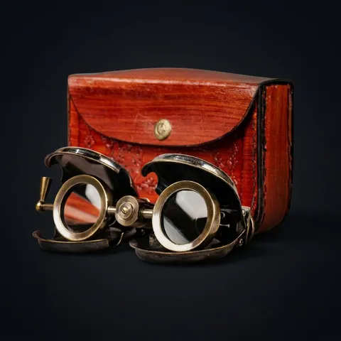 Folding Brass Binocular with Red Leather Case view 1