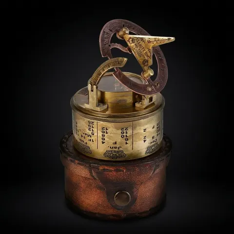 Antique Brass Sundial Compass with Leather Case view 1