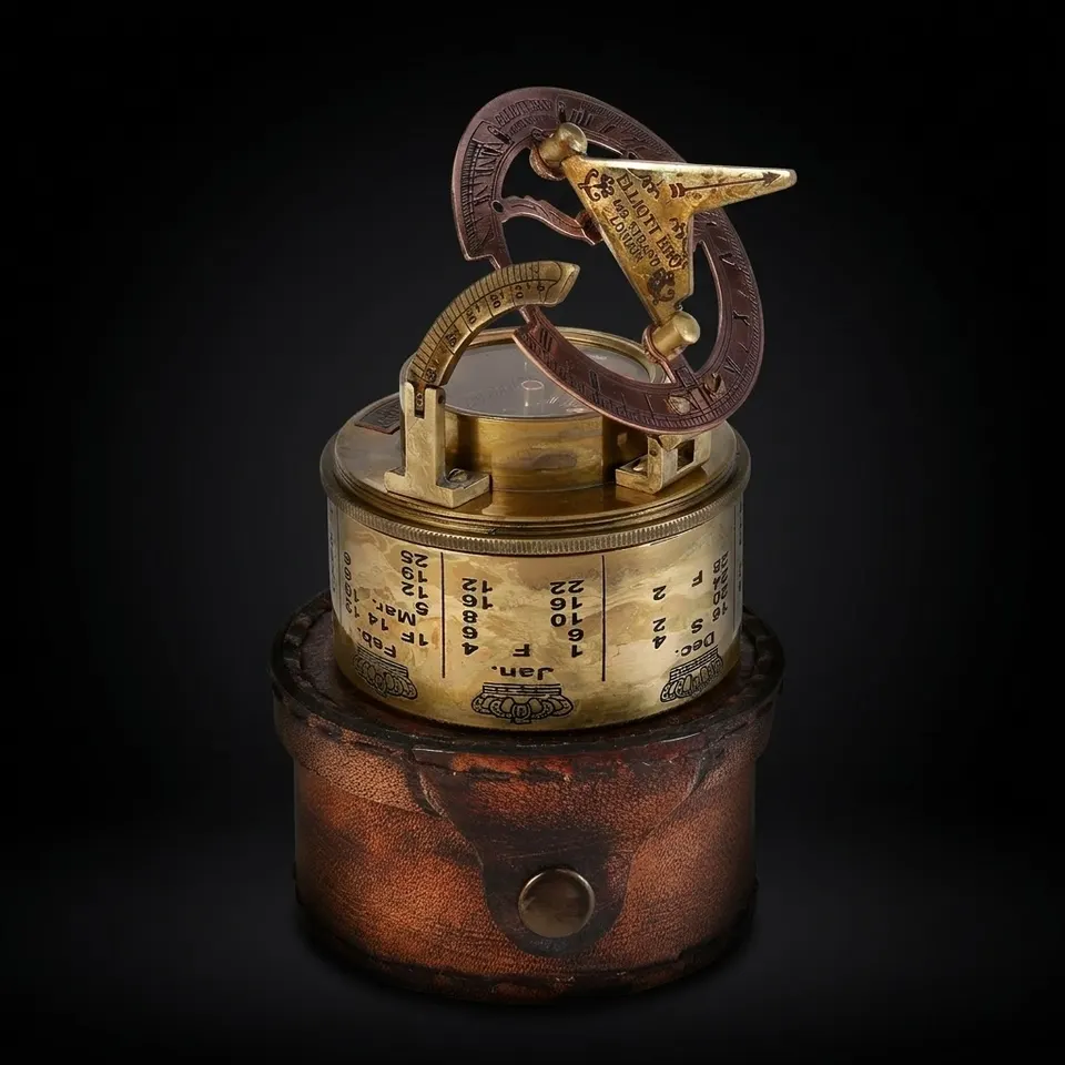 Antique Brass Sundial Compass with Leather Case