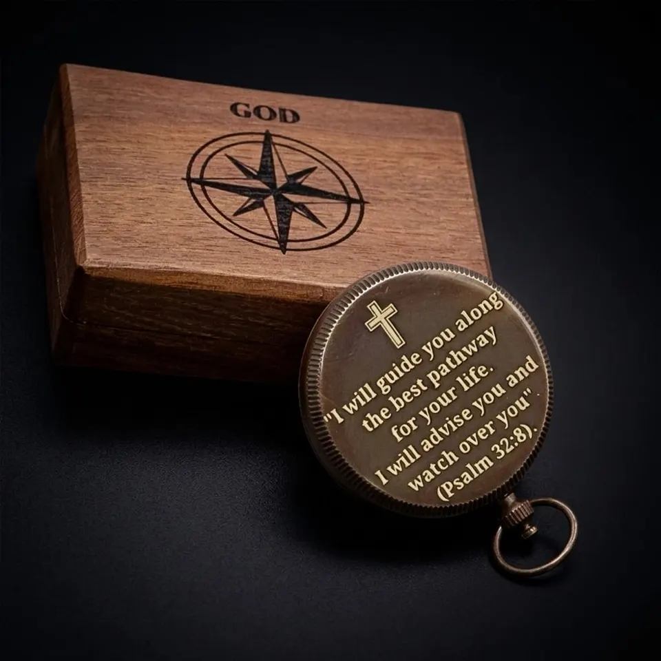 Psalm 32:8 Compass, Wooden Box