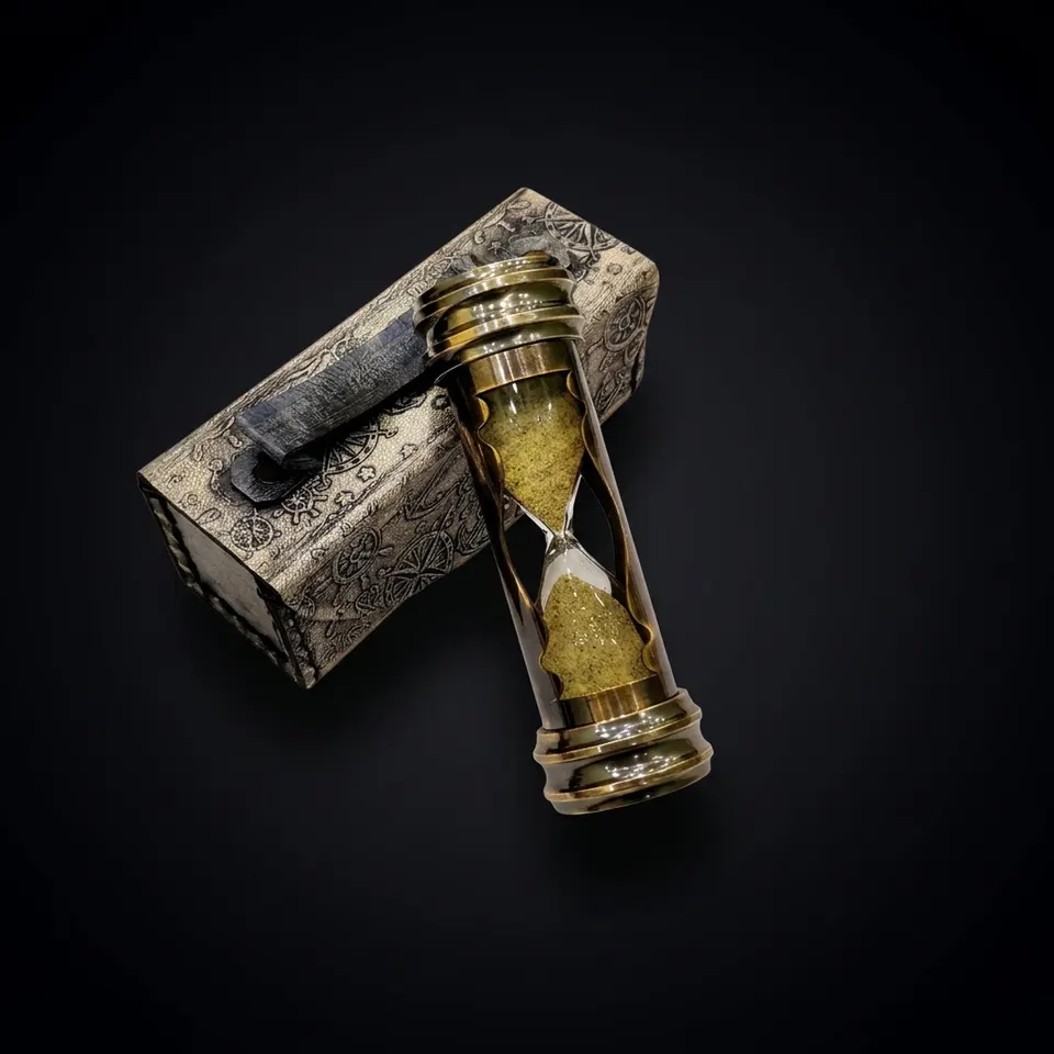 Brass Hourglass with Compass and Leather Case, 3-Minute