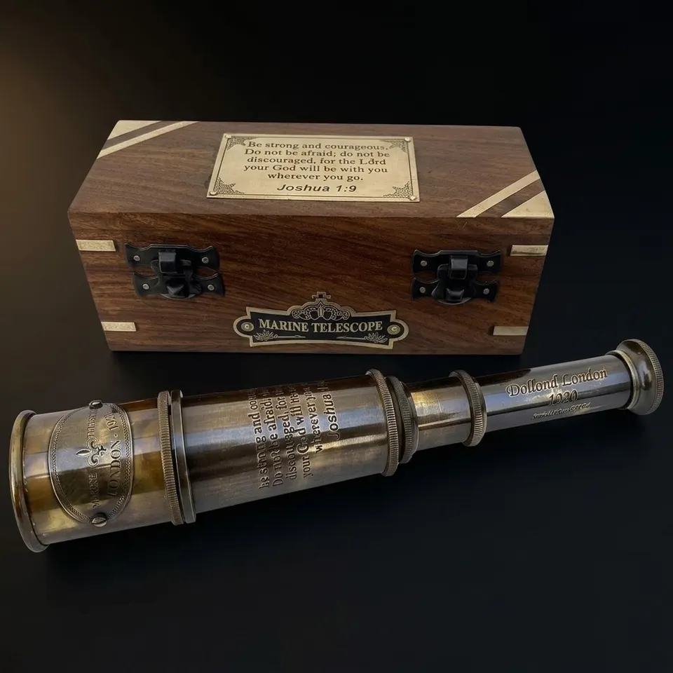Engraved Joshua 1:9 Brass Spyglass 16" with Wooden Box