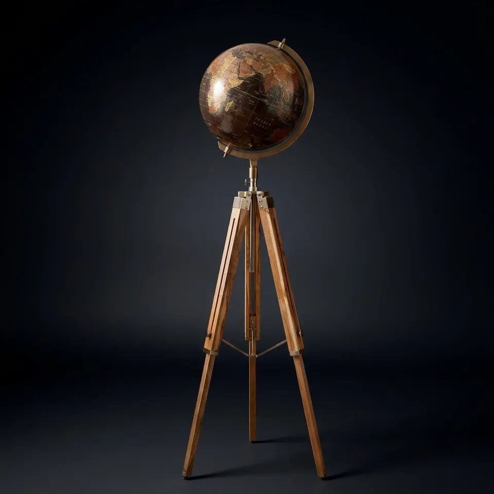 Large Dark Globe with Adjustable Wooden Tripod Stand and Brass Ring