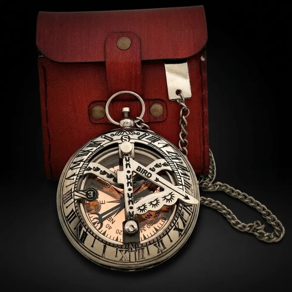 Nickel Chrome Brass Sundial Compass with Red Leather Case