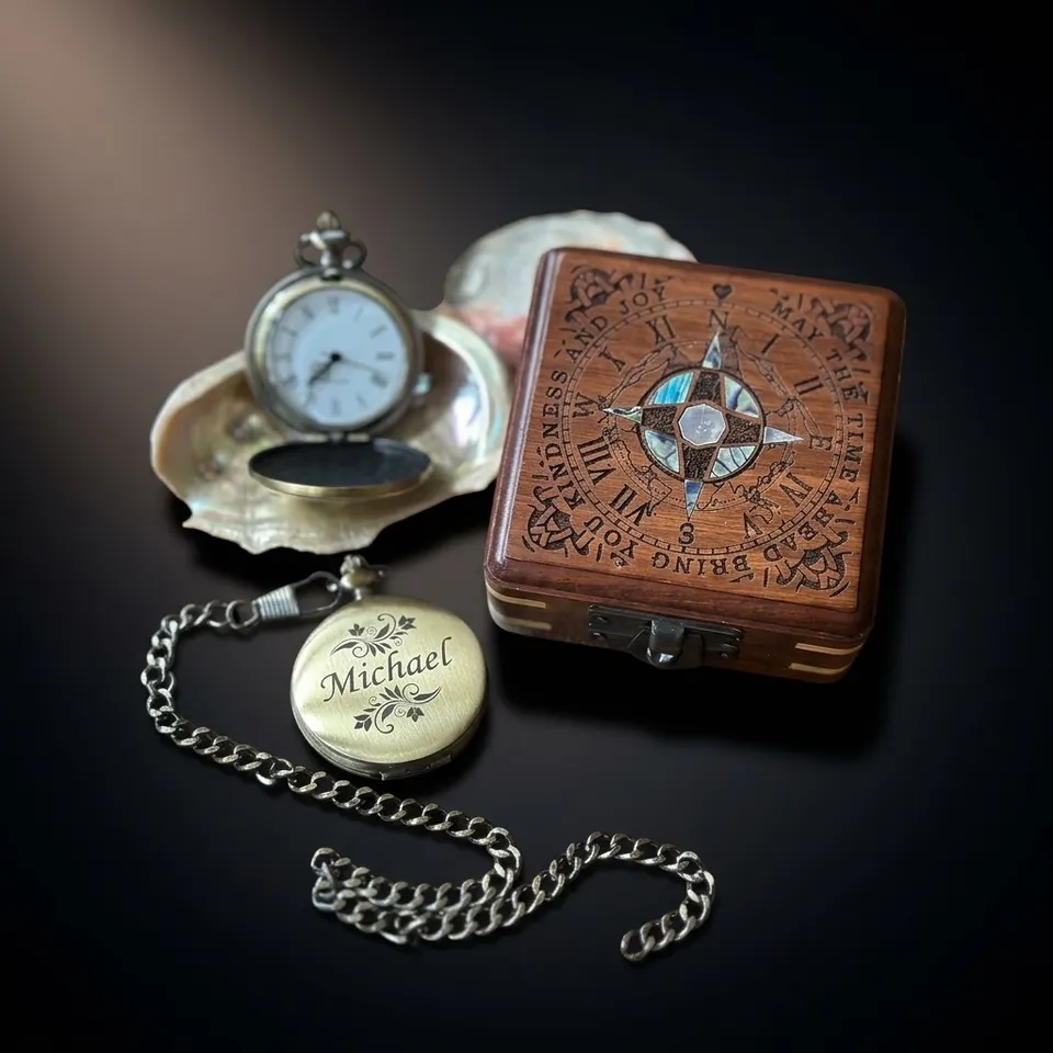 Brass Pocket Watch — Push-Button Lid & Wooden Box III