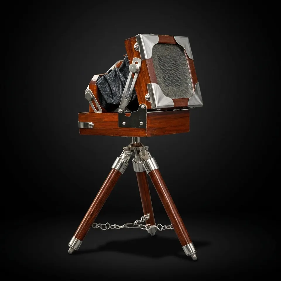 Compact Wooden Camera on Foldable Tripod