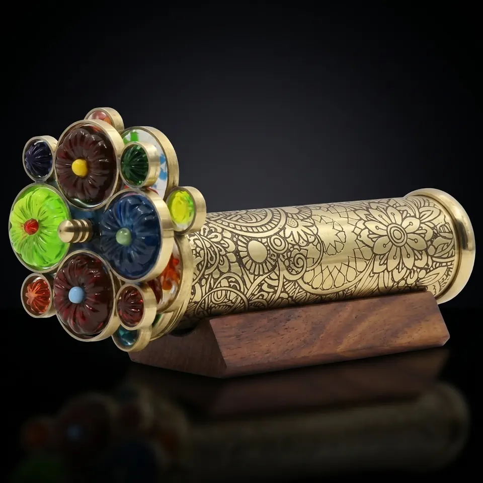 Lacquered Brass Kaleidoscope with Floral Turning Wheels
