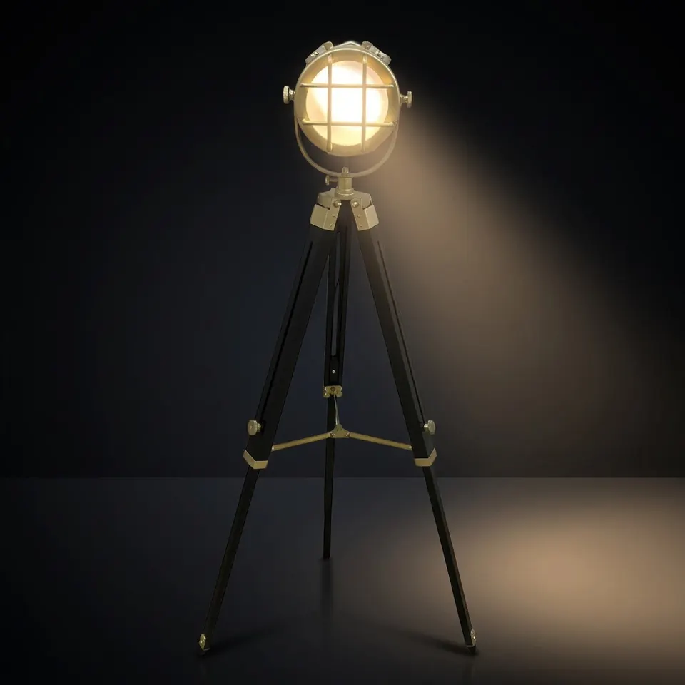 Chrome Spotlight on Black Wooden Tripod