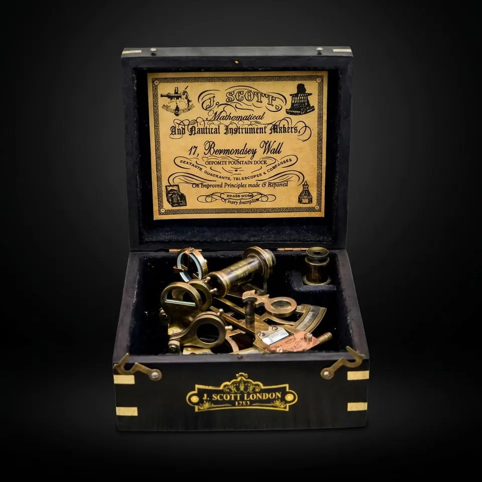 Antique Brass Sextant with Black Wooden Box